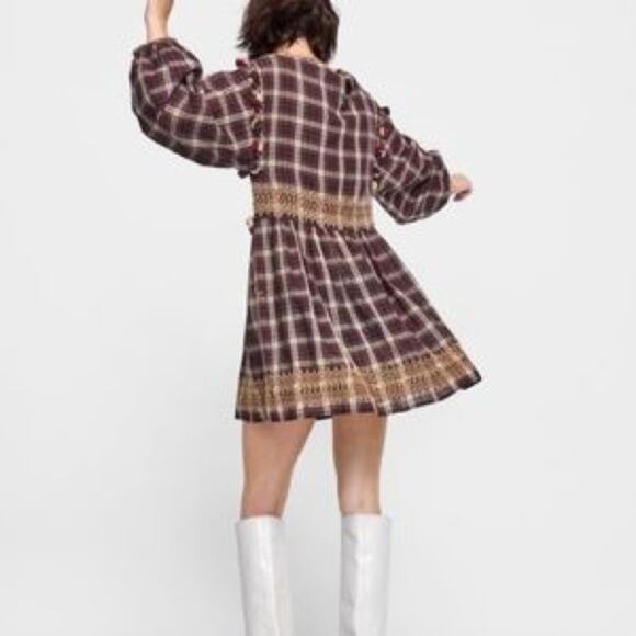 Zara Burgundy Plaid Embroidered Pom Pom Dress Size Small - Picture 3 of 14